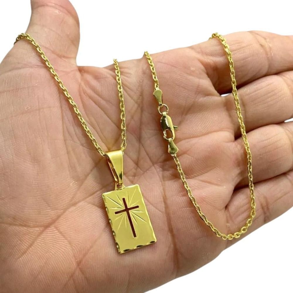 Cordão 2Mm Cadeado + Pingente Cruz Vazada - Banhado A Ouro