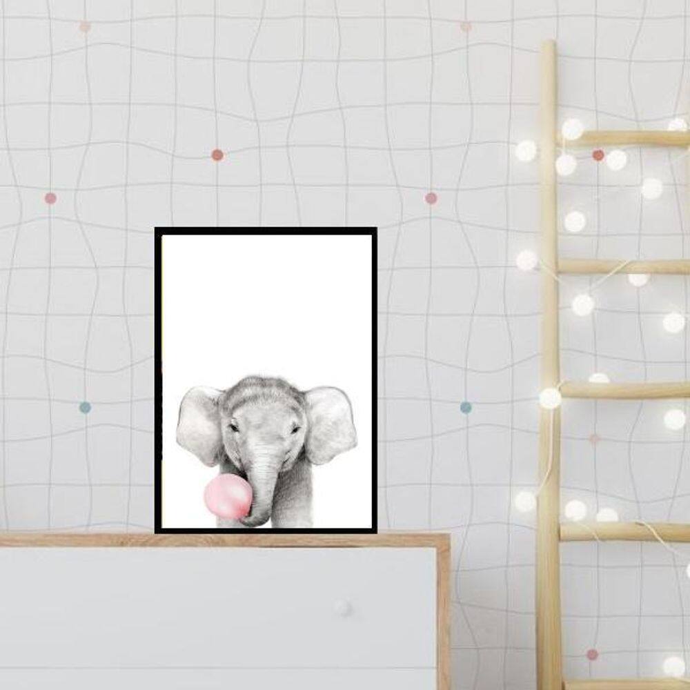 Quadro Elefantinho Chiclete Rosa 45X34Cm - Com Vidro