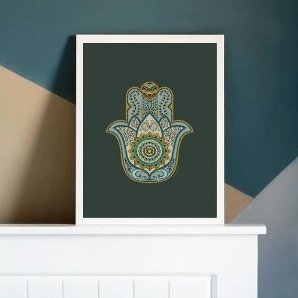 Quadro Místico Mão Indiana 33X24Cm Com Vidro Madeira Branca