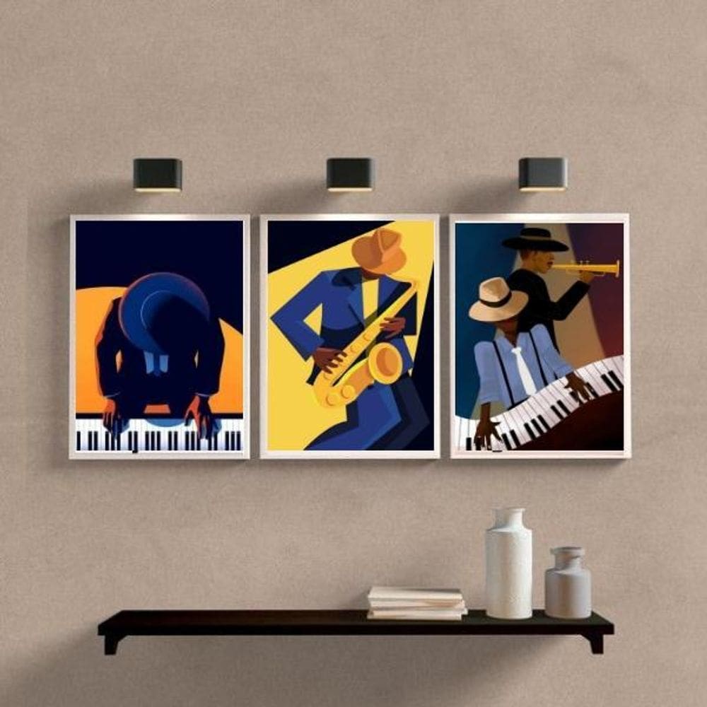 Kit 3 Quadros Músicos Piano e Saxofone 24x18cm - Branco