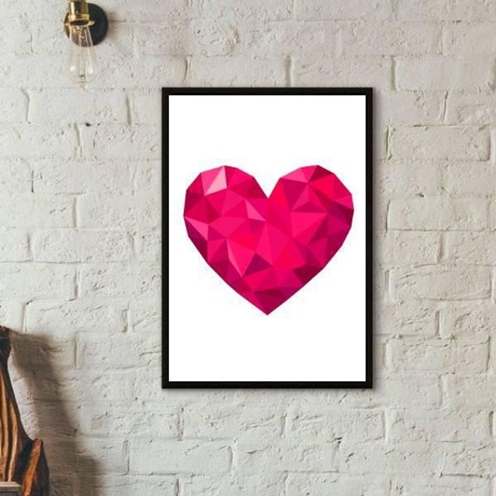 Quadro Coração Geométrico Pink 24X18 Moldura Preta