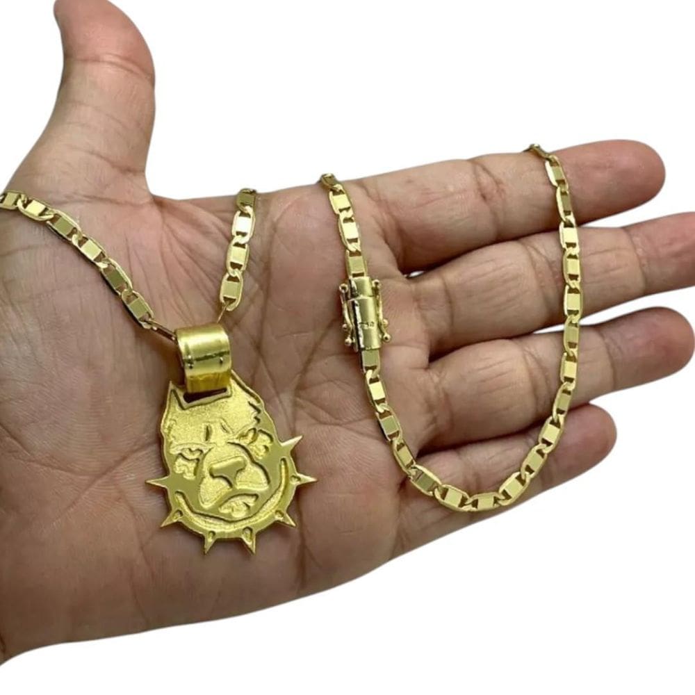 Cordão 5Mm Piastrine + Pingente Pitbull - Banhado A Ouro