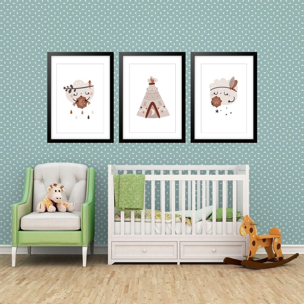 Kit 3 Quadros Grandes Quarto Infantil Indígena Nuvem Chuva