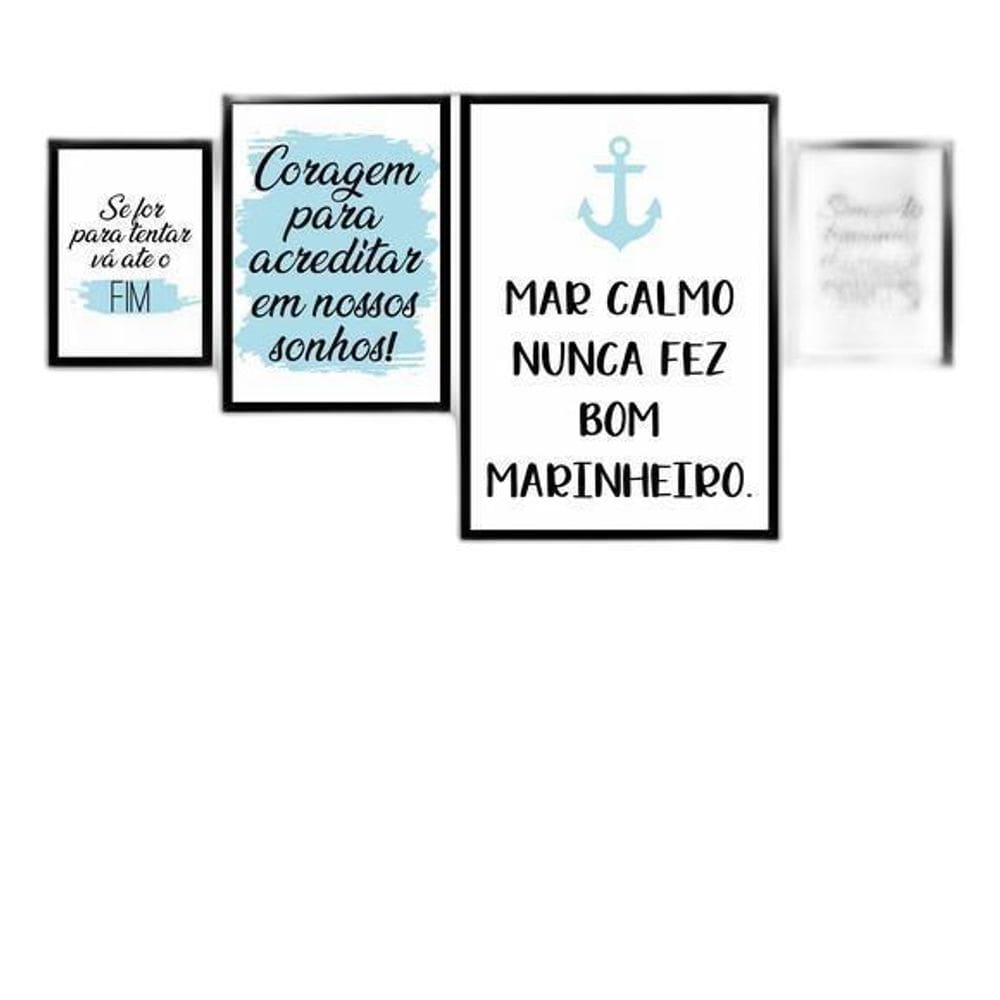 Kit 4 Quadros Decorativos Mar Calmo Azul 33X24 C/Vidro Preta
