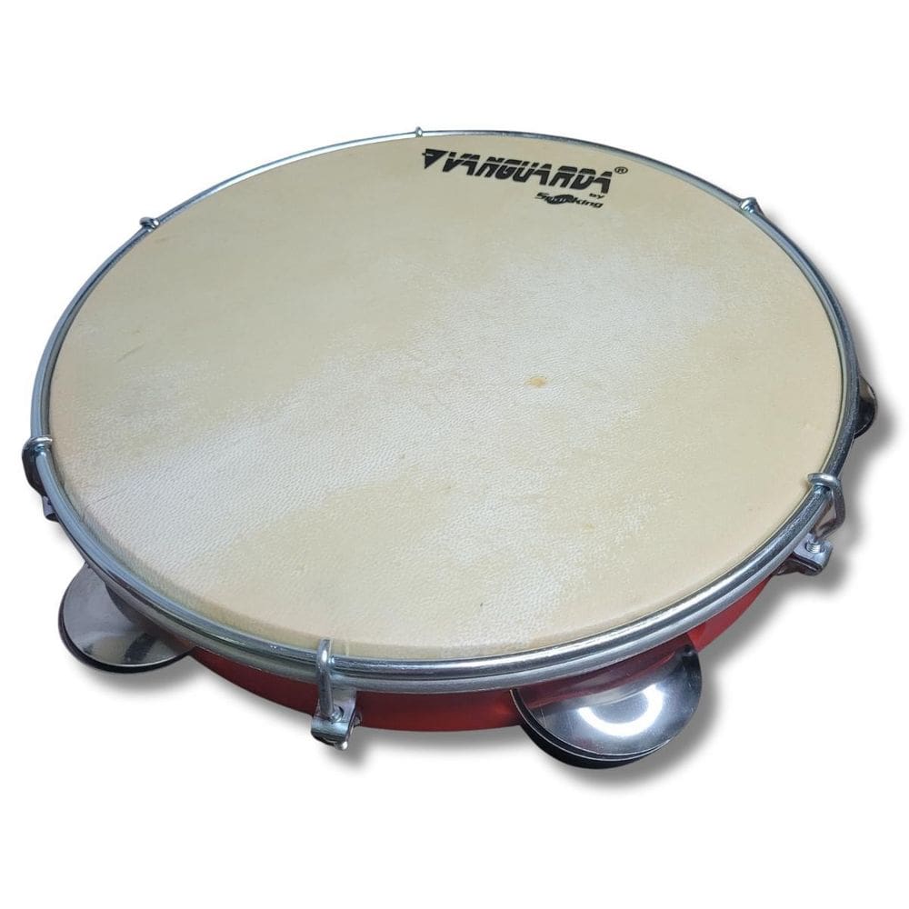 Pandeiro 10 Abs Vermelho Pele Couro Natural Vanguarda