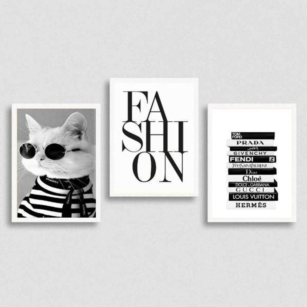 Kit 3 Quadros Moda Fashion Gatinho 45X34Cm Com Vidro Branca