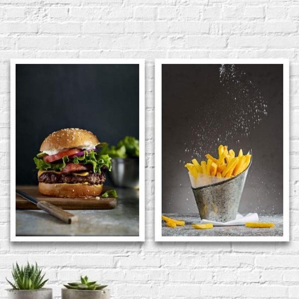 Kit 2 Quadros Hambúrguer E Batata Frita 33X24Cm Vidro Branca