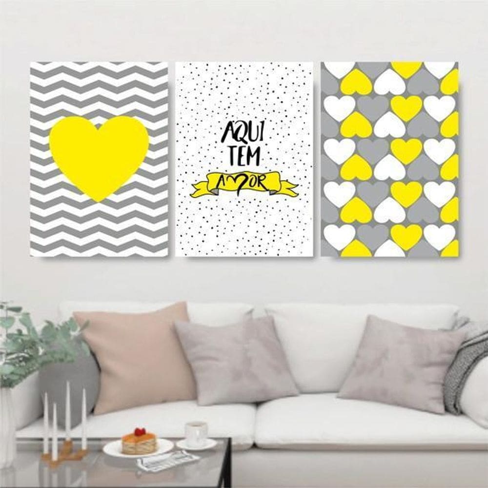 Kit 3 Quadros Aqui Tem Amor Amarelo E Cinza 24X18Cm