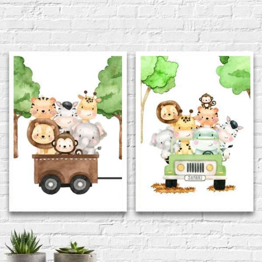 Kit 2 Quadros Bichinhos Safari 45X34Cm Moldura Branca