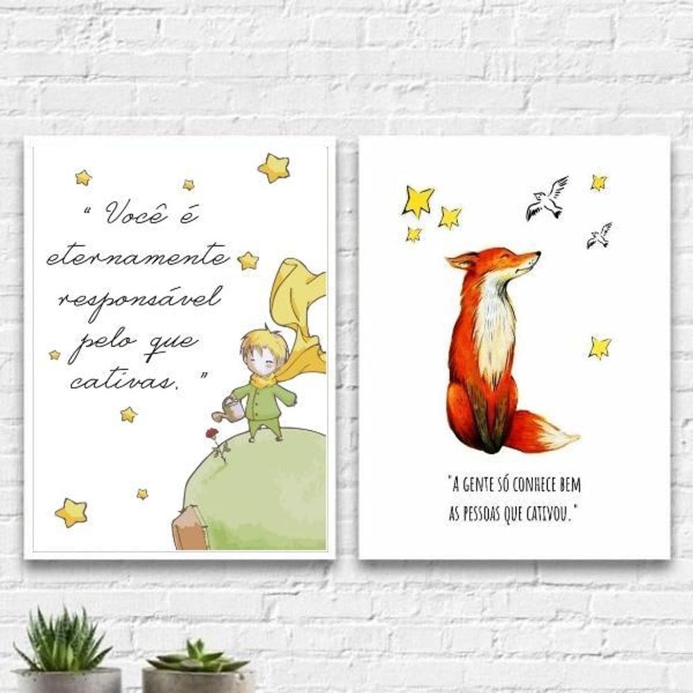 Kit 2 Quadros Pequeno Príncipe Aquarela 45X34Cm - Com Vidro