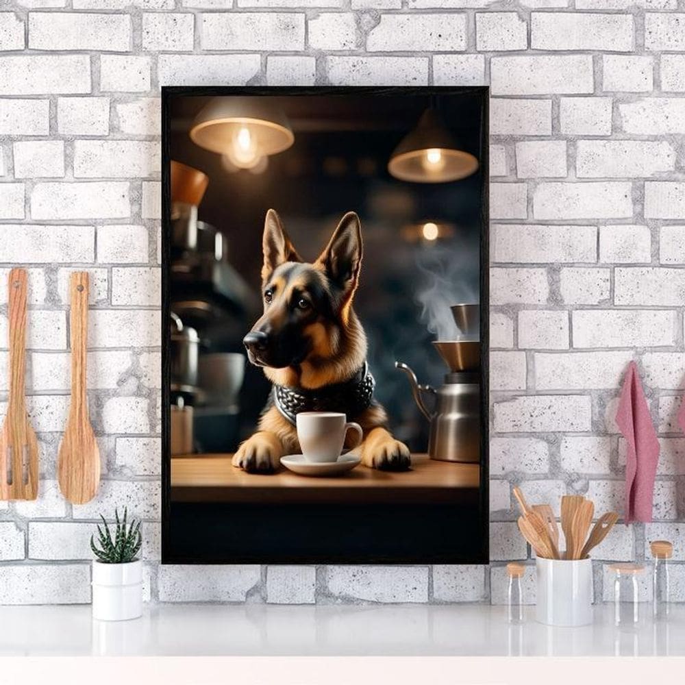 Quadro Pastor Alemão Tomando Café 33X24Cm - Com Vidro