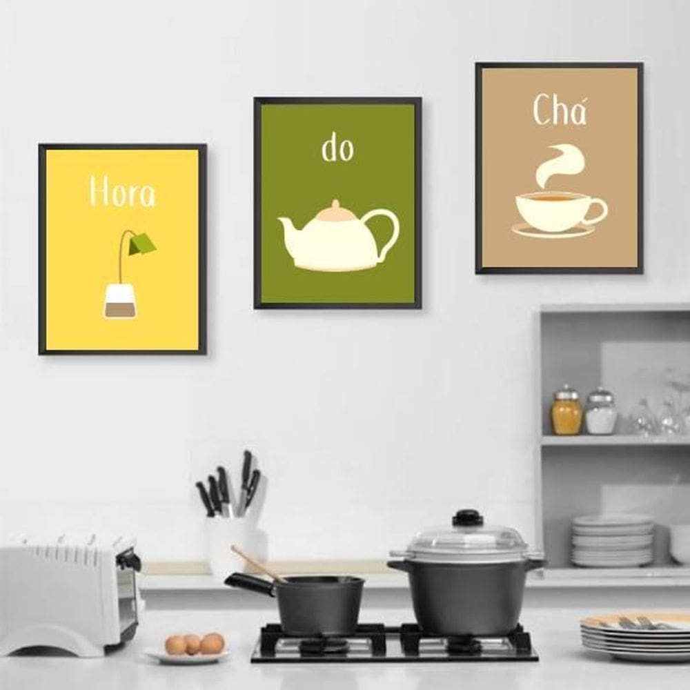 Quadro Decorativo Hora Do Chá Com Vidro 24X18Cm 3 Peças