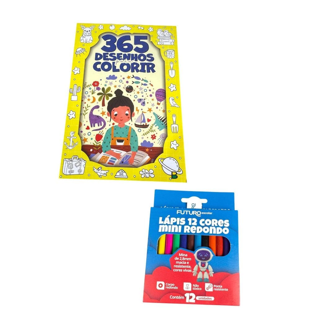Kit Livro 365 Desenhos Para Colorir + 12 Lápis De Cor 9Cm