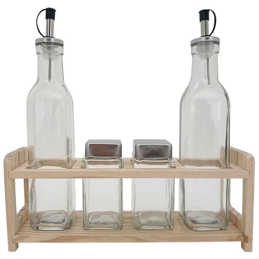 Jogo Galheteiro e Porta Condimentos Base De Madeira - Mimo Style