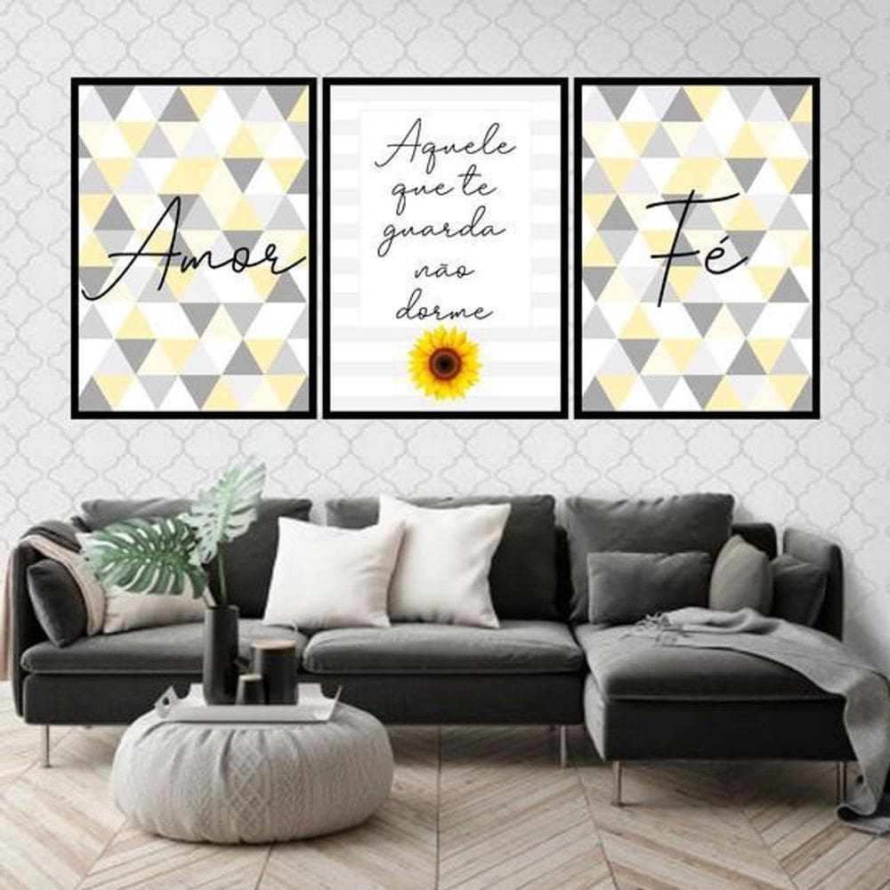 Kit 3 Quadros Amor Fé Geométrico Triângulos 24X18Cm