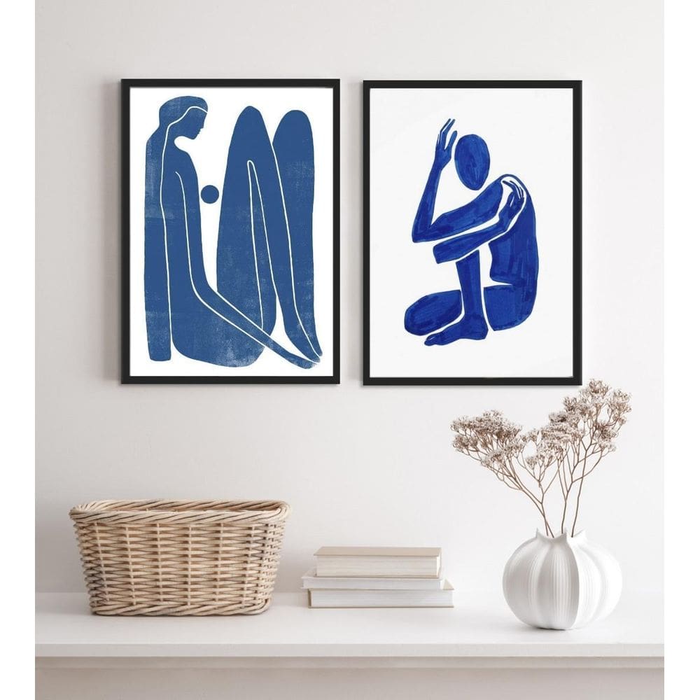 2 Quadros Nú Artístico Abstrato Azul 33x24cm - Com Vidro
