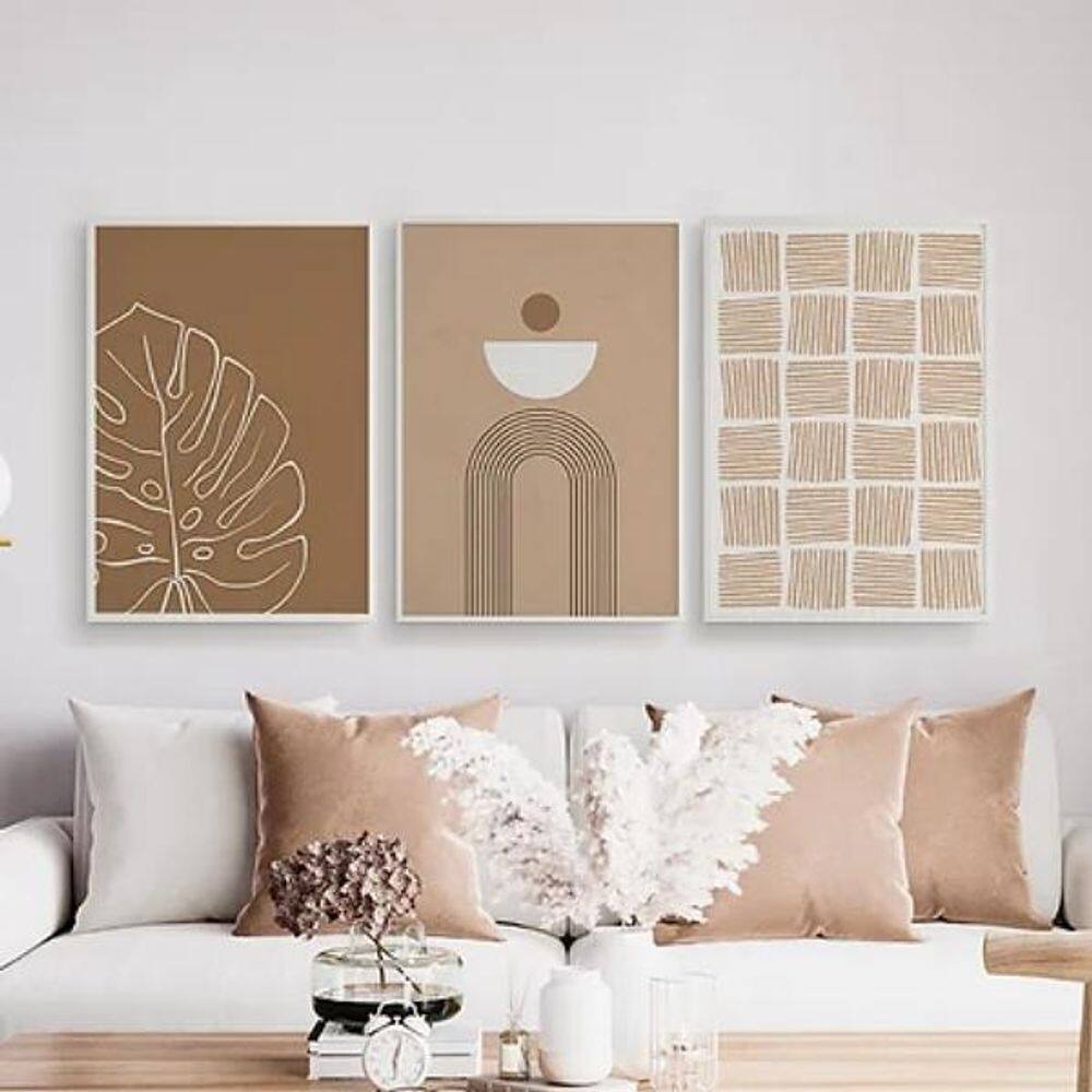 Kit 3 Quadros Abstratos Textura Marrom 45X34 Madeira Branca