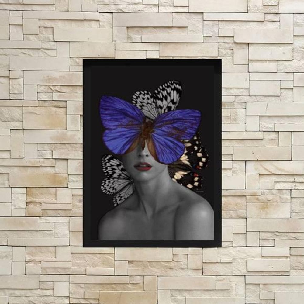 Quadro Decorativo Mulher Com Borboleta Azul 34X23Cm Moldura Branca