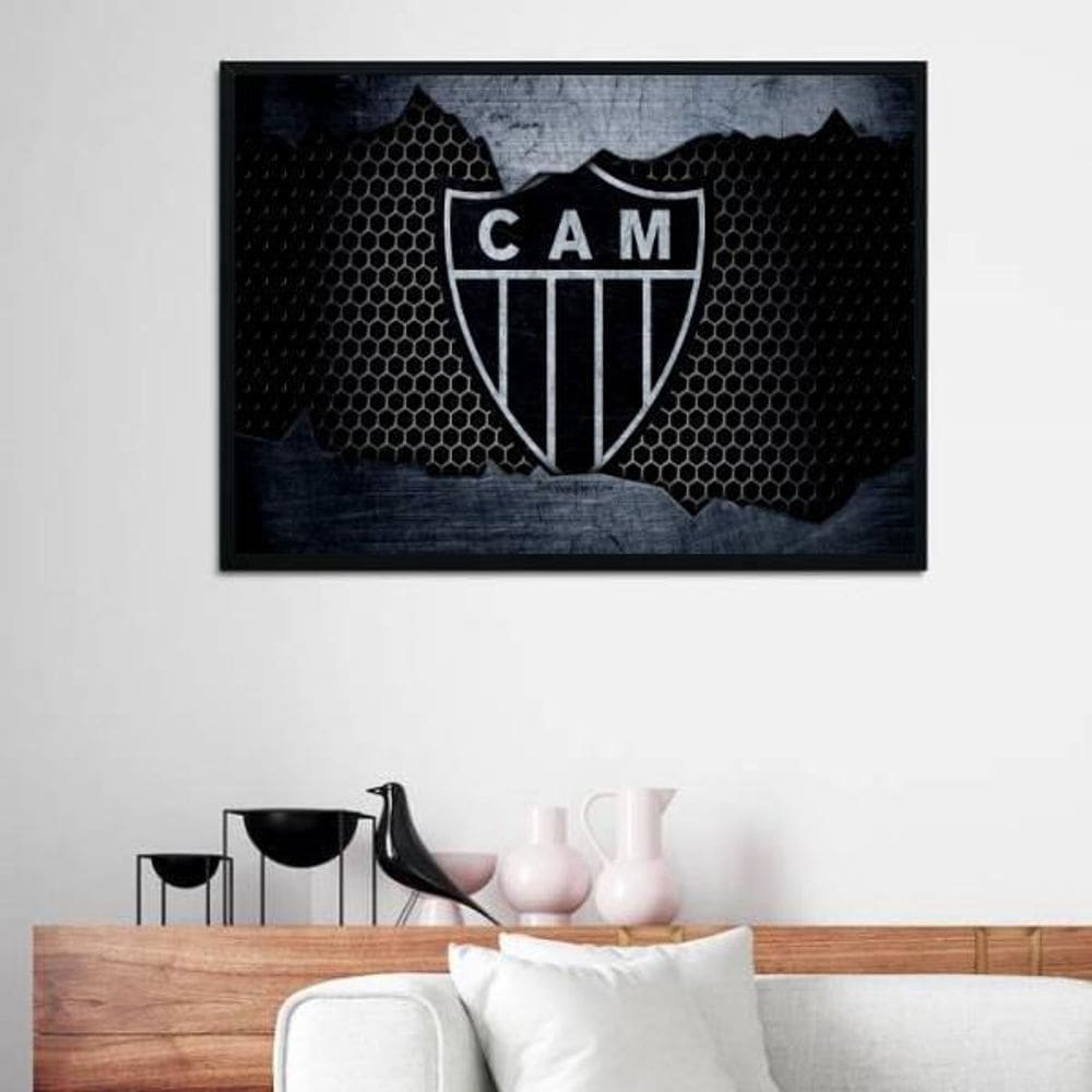Quadro Decorativo Clube Atlético Mg Fundo Aramado 34X23Cm Moldura Branca