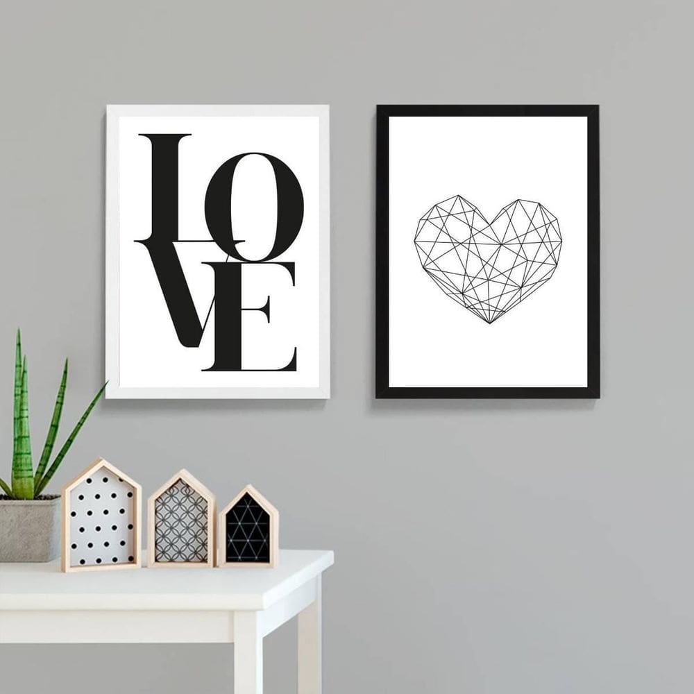 Kit 02 Quadros Decorativos Coração Geométrico