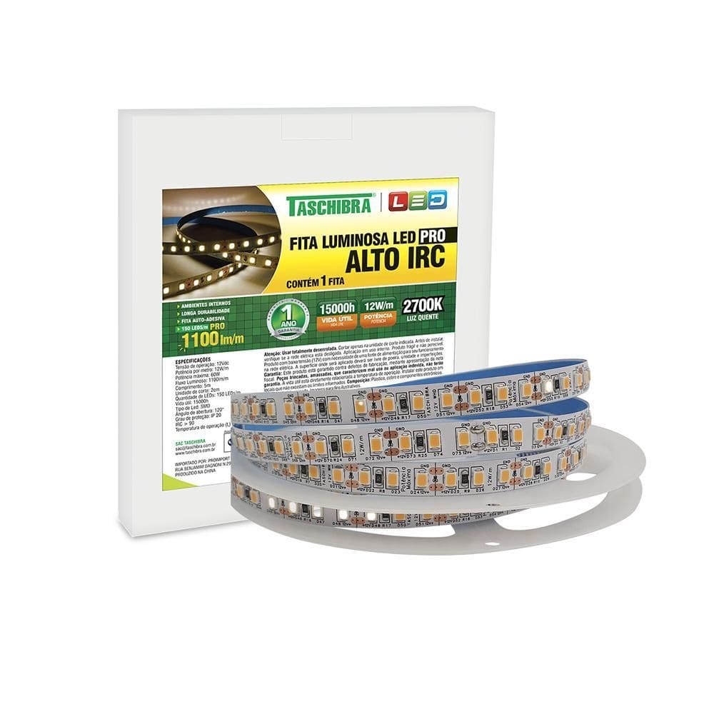 Fita de Led Taschibra Slim 12W/M 150 Leds IP20 12V 5m 2700K