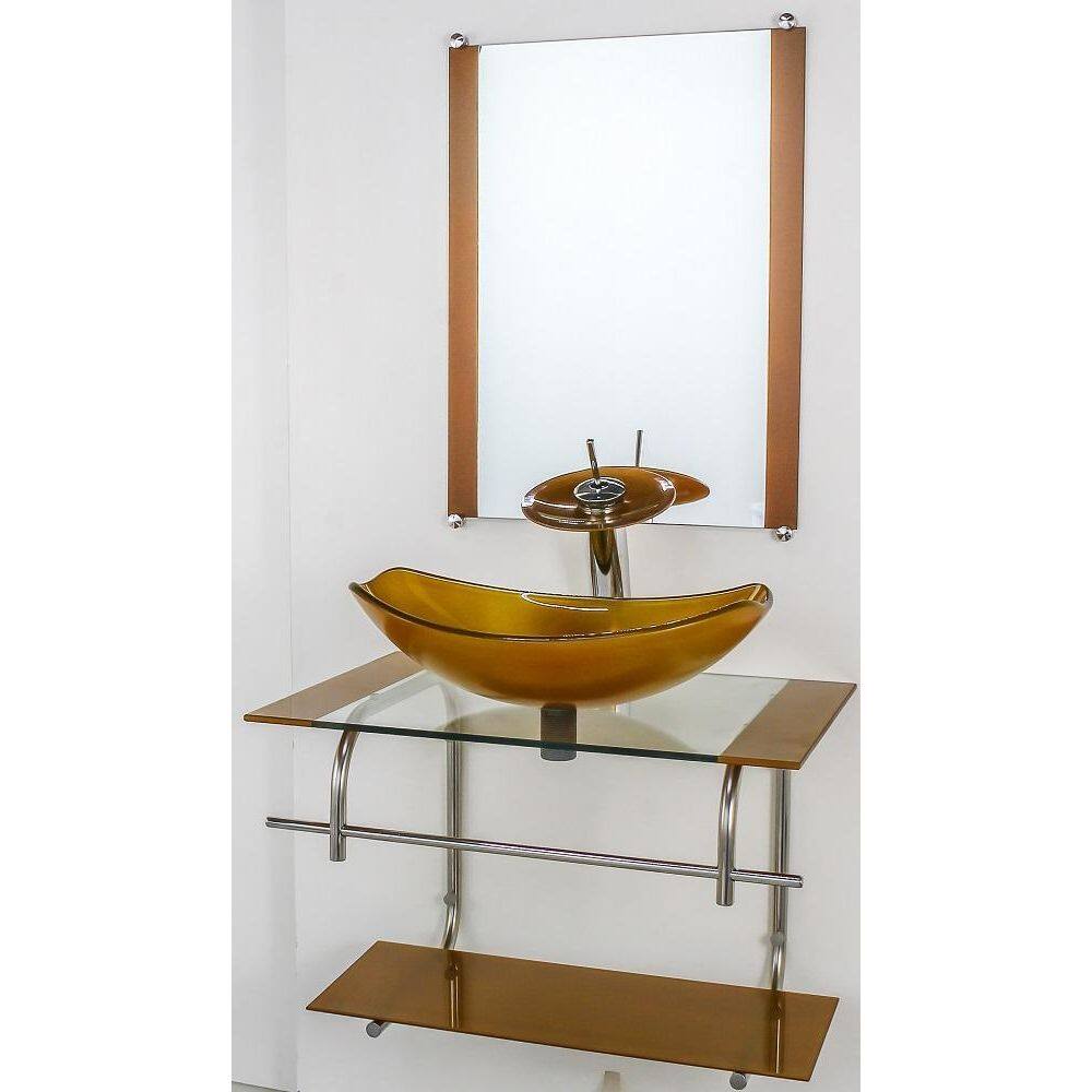 Gabinete Vidro Banheiro Inox60Cm Cuba Oval Chanfrada Dourado