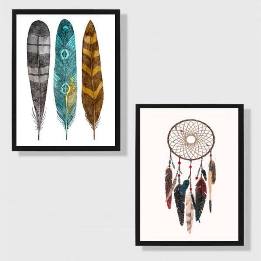 Kit 2 Quadros Penas E Filtro Dos Sonhos 24X18Cm 001