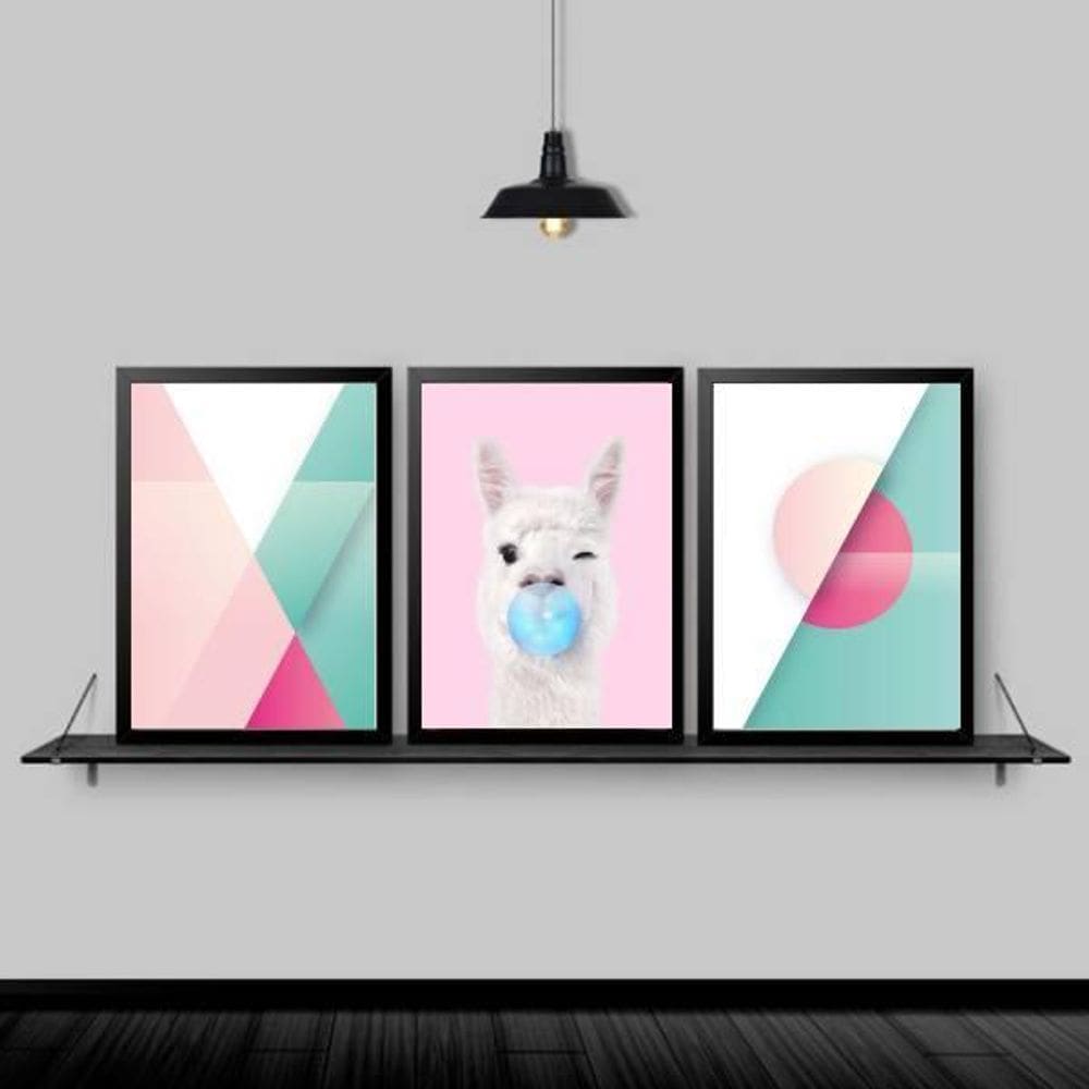 Kit 3 Quadros Abstratos Lhama Chiclete 45X34Cm Moldura Preta