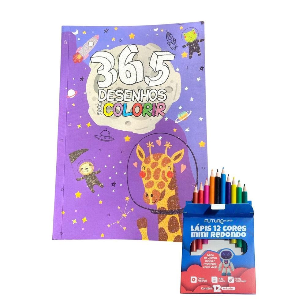 365 Desenhos Colorir Livro Infantil+12 Mini Lápis De Cor