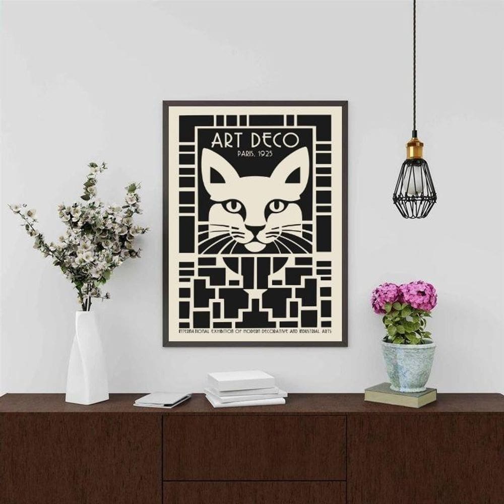 Quadro Decorativo Gato - Art Deco 45X34Cm - Com Vidro