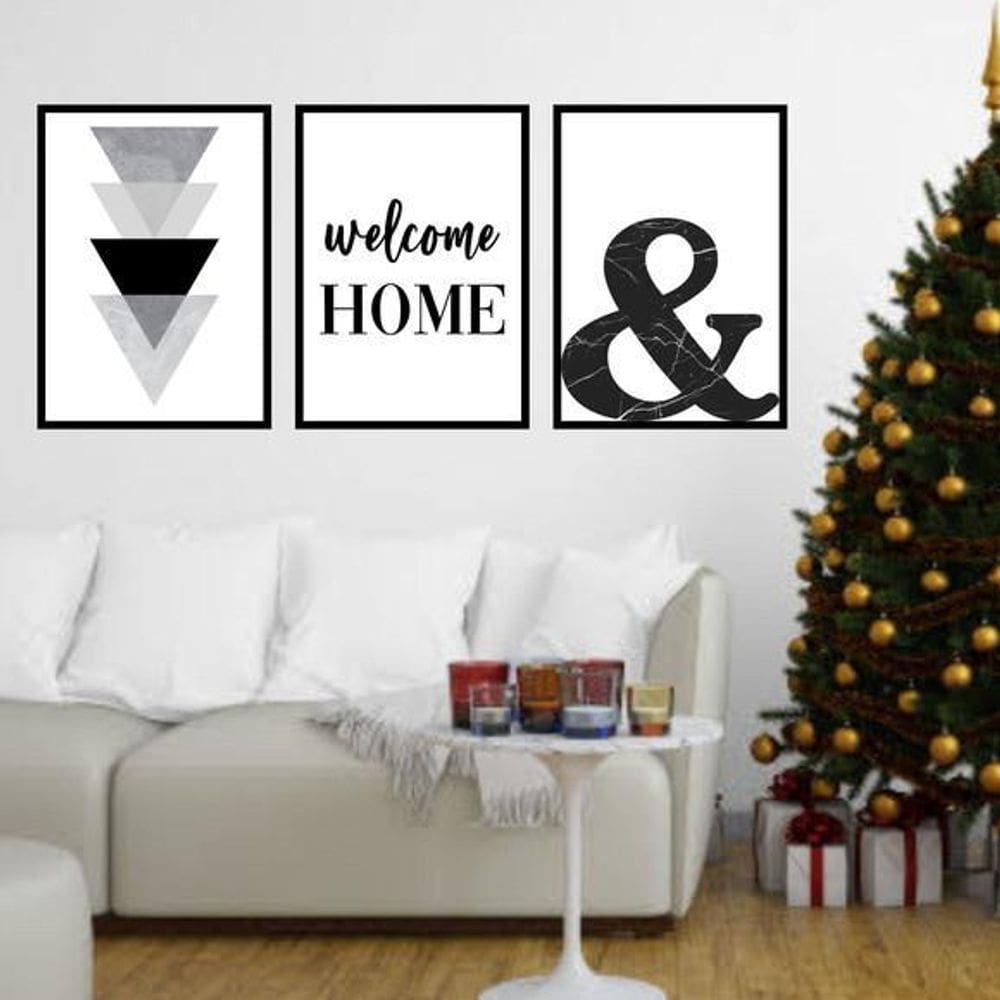 Kit 3 Quadros Welcome Home - Triângulos 33X24Cm - Com Vidro