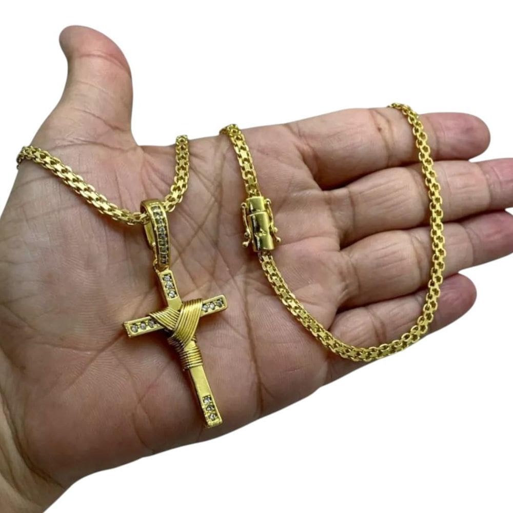 Cordão 5Mm Cadeado Duplo + Pingente Cruz Fio Banhado A Ouro