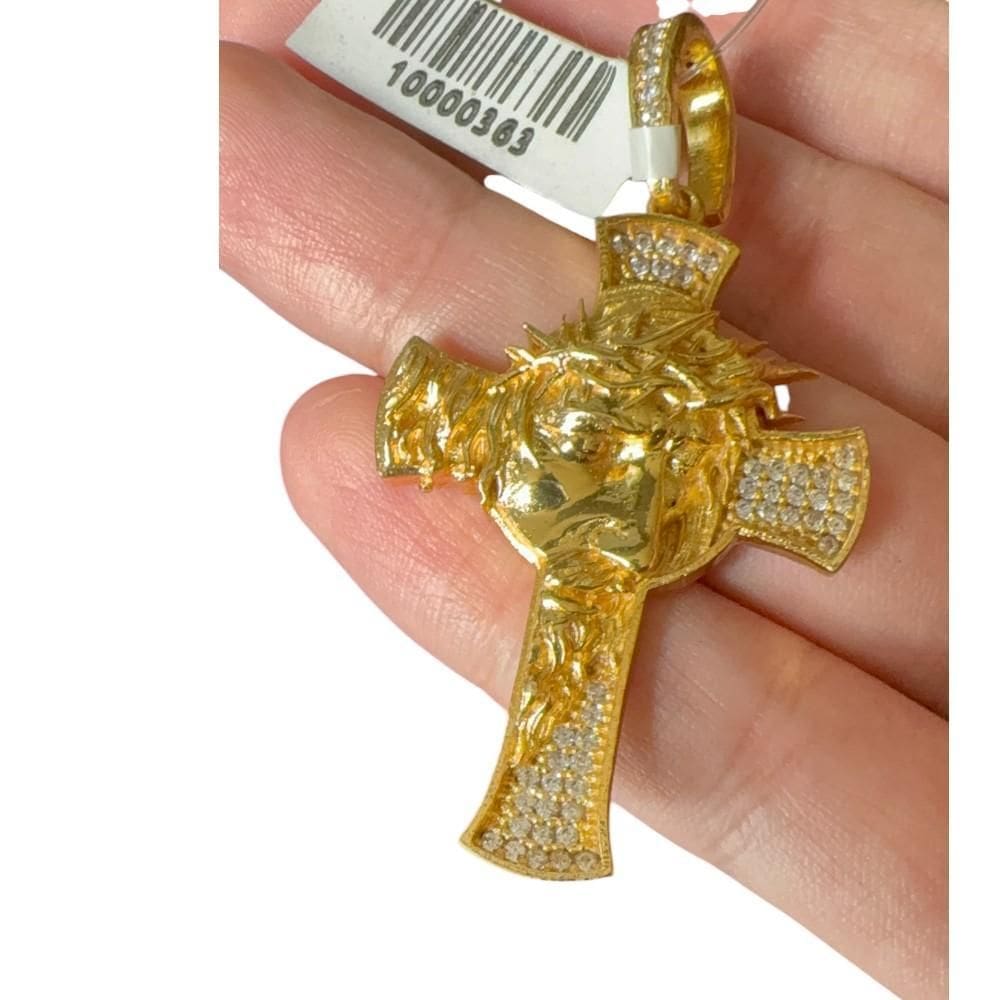 Pingente Cruz Rosto Jesus Cravejada - Banhado A Ouro 18K