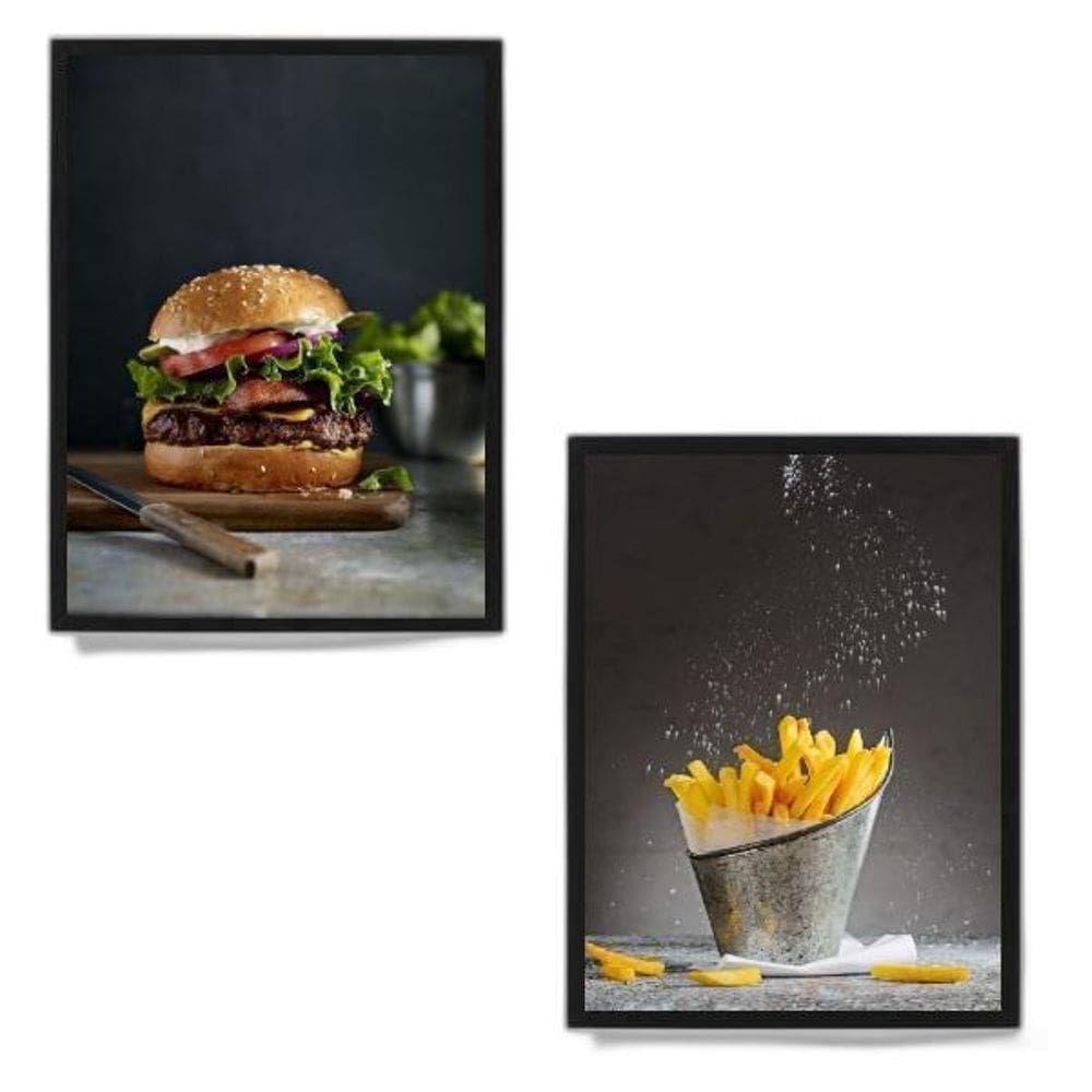 Kit 2 Quadros Fotos Hambúrguer E Batata Frita 33X24Cm Preta
