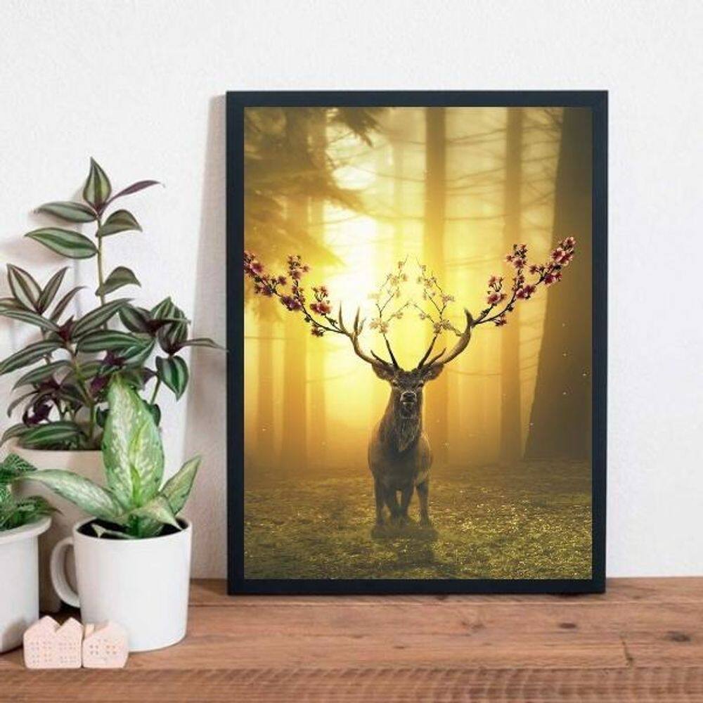 Quadro Alce Com Chifre De Flores 33X24Cm - Madeira Preta