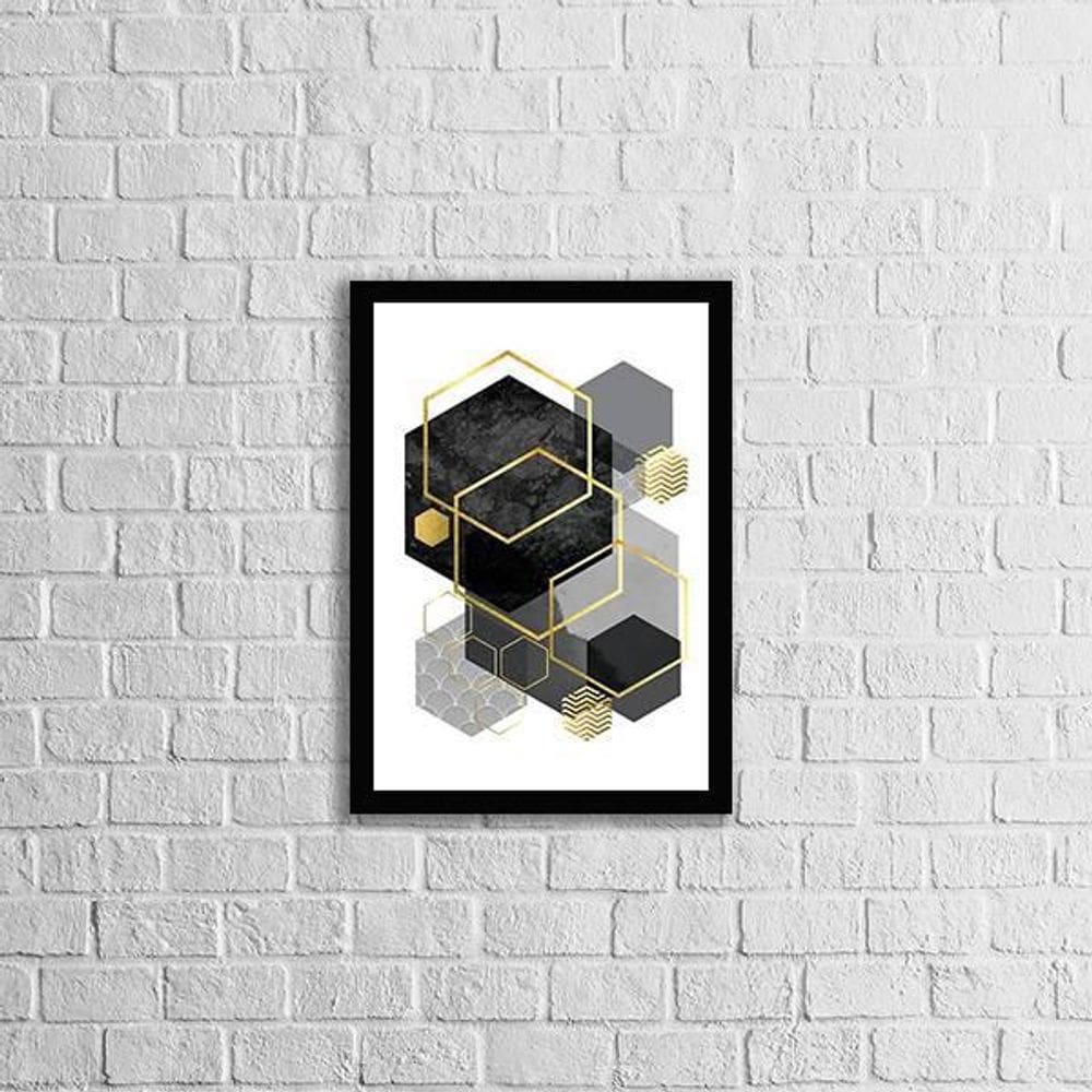 Quadro Geométrico Hexágonos Preto E Cinza 24X18Cm