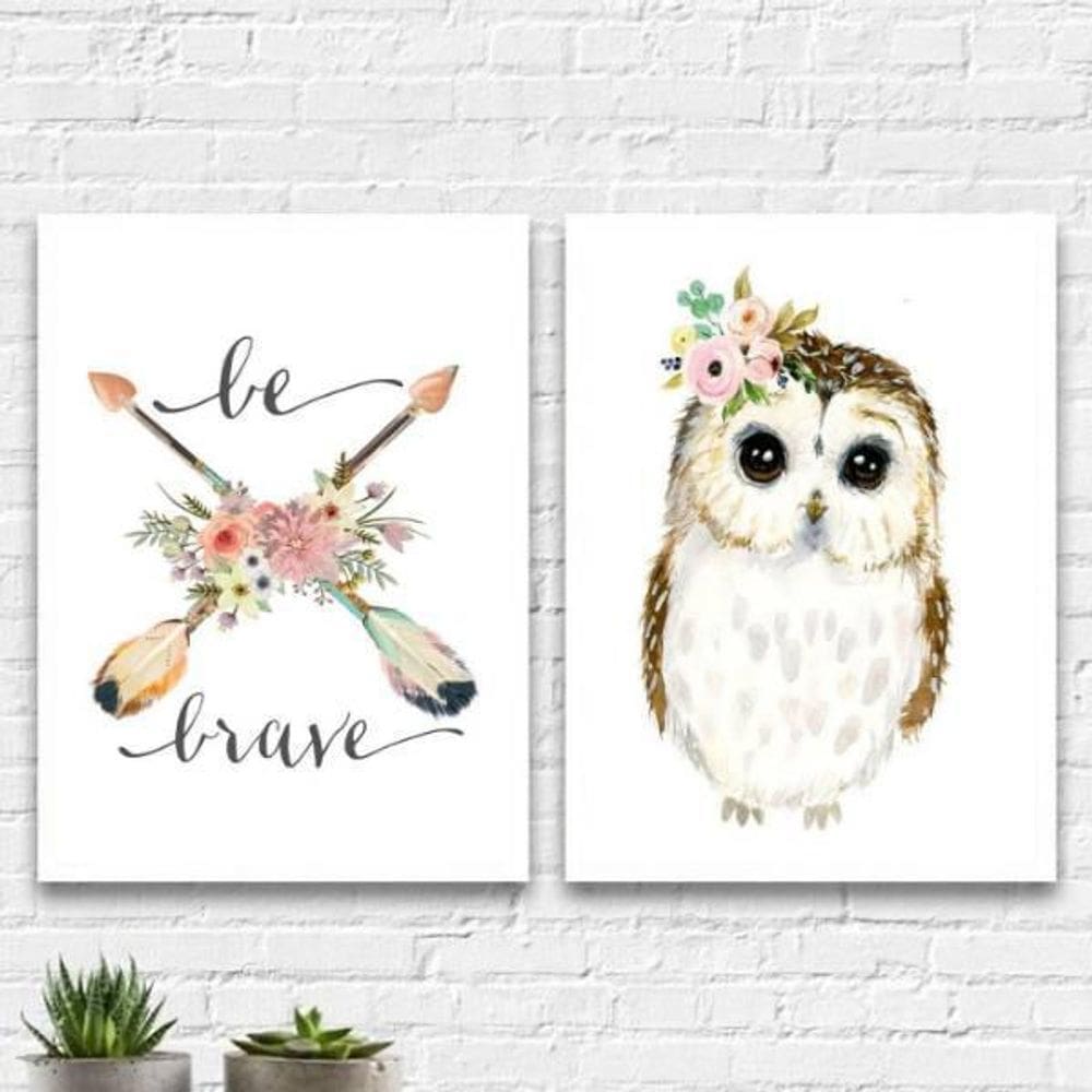 Kit 2 Quadros Corujinha Be Brave 45X34Cm