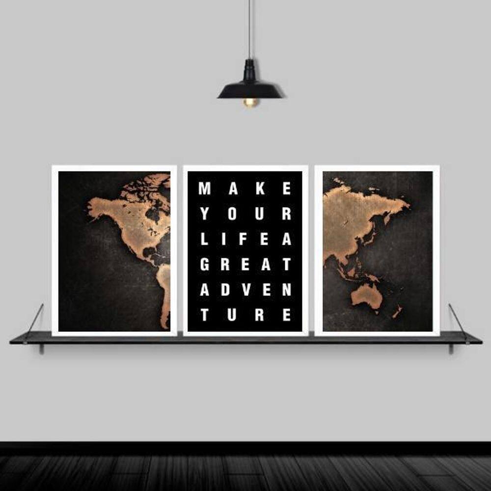 Kit 3 Quadros Mapa Adventure Life 45X34Cm Com Vidro - Branca