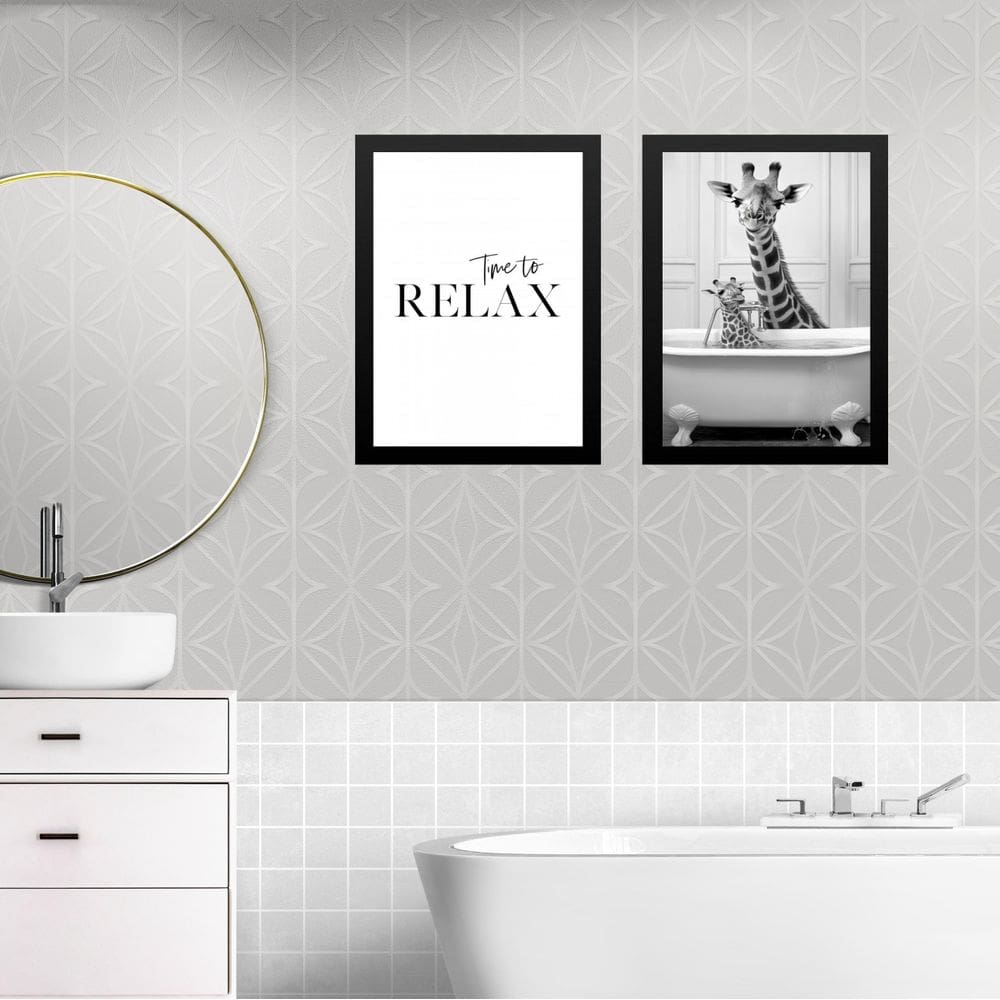Kit 2 Quadros Banheiro Girafas - Time To Relax 45X34Cm Vidro