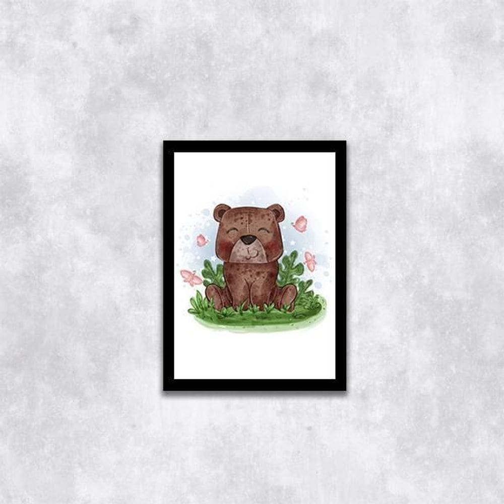 Quadro Infantil Estilo Aquarela Ursinho 45X34 Vidro Preta
