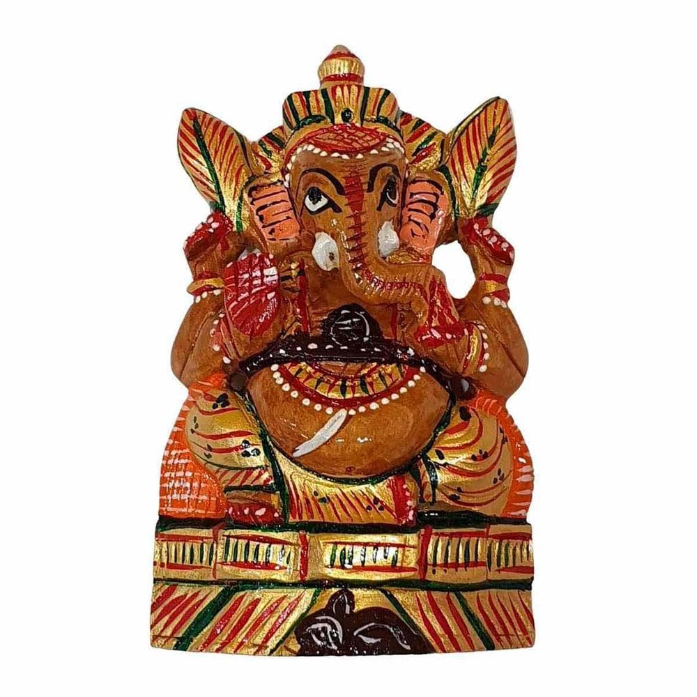 Escultura De Ganesha Pintado De Madeira Suar 11,5Cm