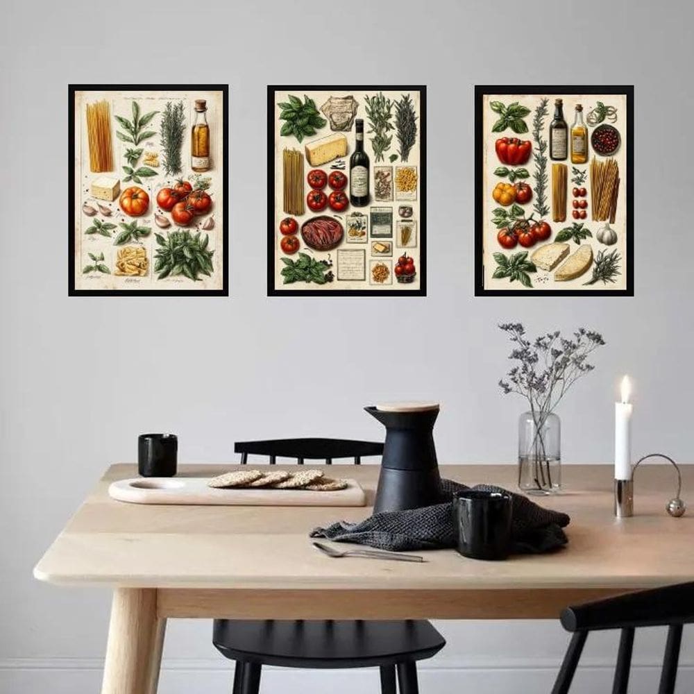 Kit 3 Quadros Cozinha Italiana Vintage Ingredientes 24X18Cm
