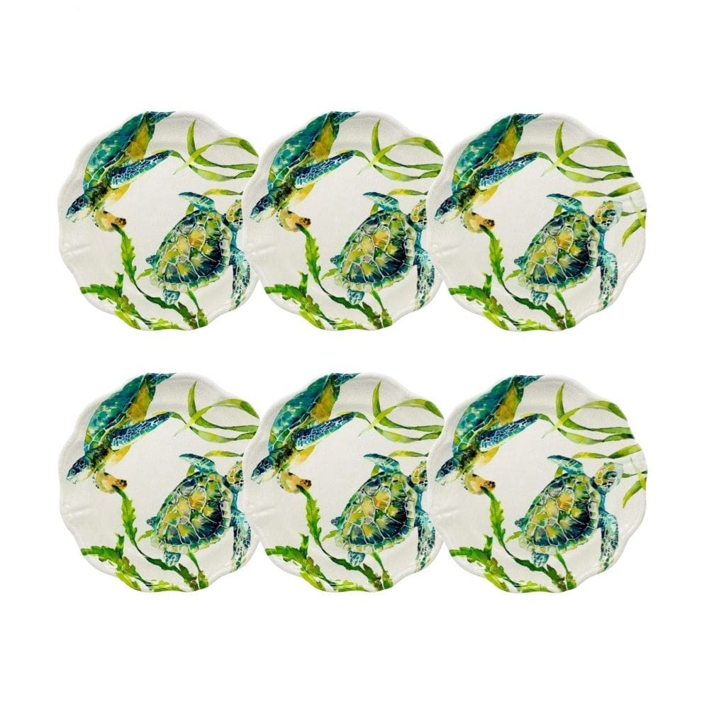 Cj 6 Pratos Rasos de Melamina Branco C/Estampa Tartaruga Verde no Fundo do Mar 28cm Entrecasa