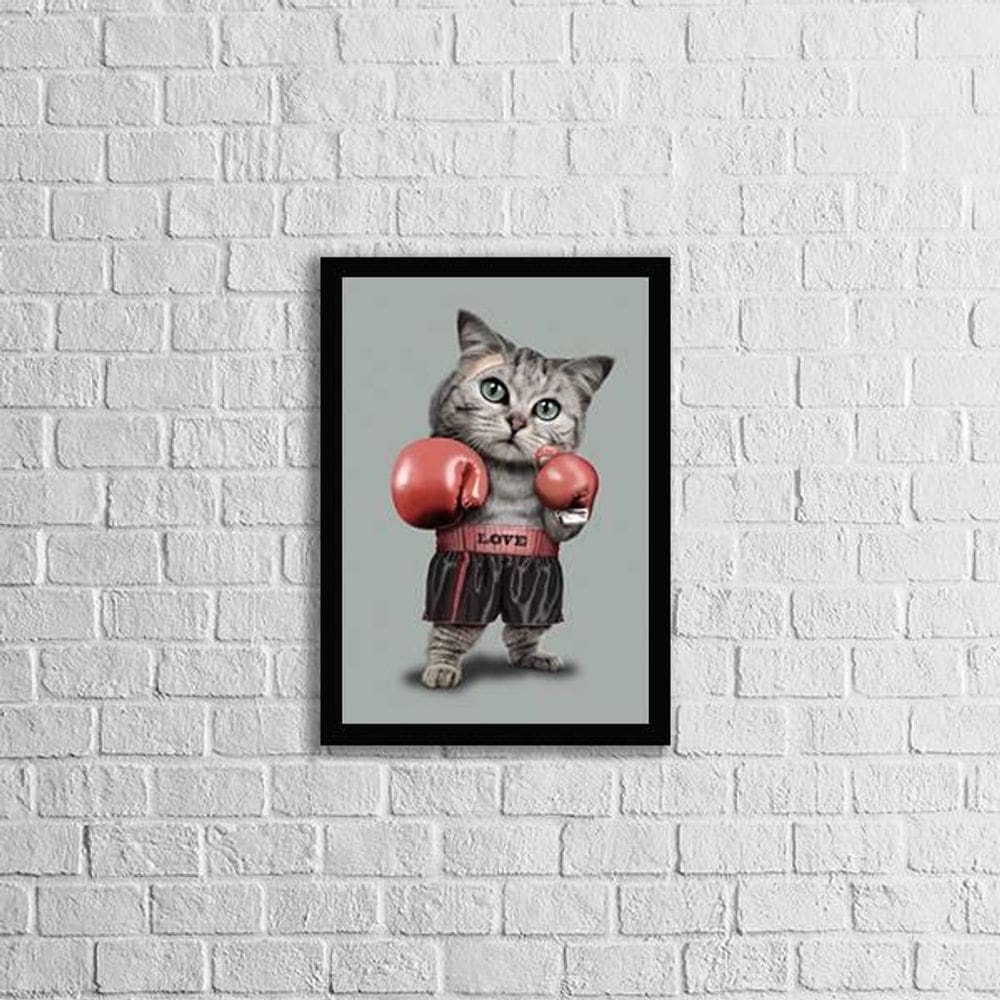 Quadro Gato Lutador De Boxe 45X34Cm Com Vidro Moldura Preta