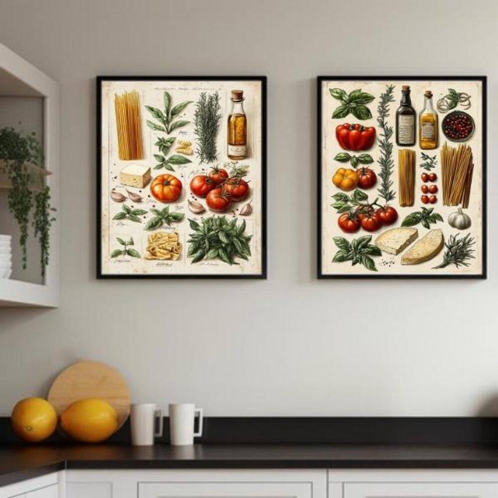 Kit 2 Quadros Cozinha Italiana Vintage Ingredientes 24X18Cm