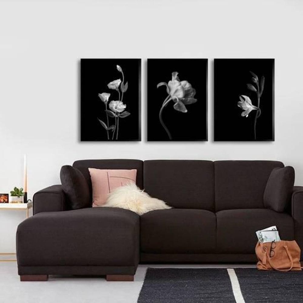 Kit 3 Quadros Flores Preto E Branco 24X18Cm - Preta