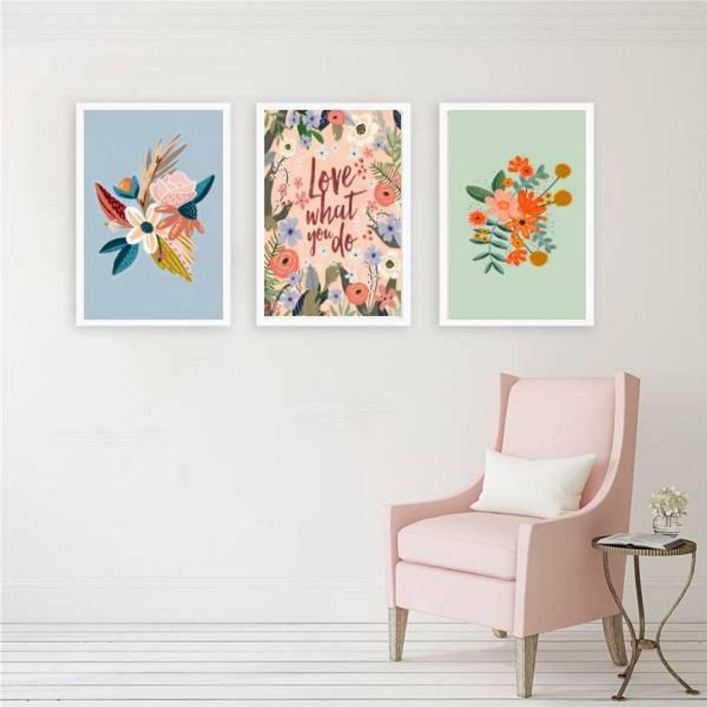 Kit Quadro Decorativo Florais Love What You Do 45x34 3 Peças