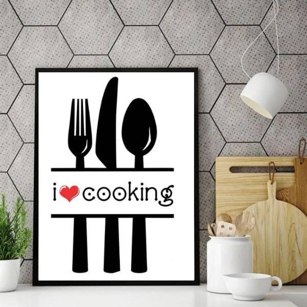 Quadro Decorativo I Love Cooking 33X24 C/Vidro Madeira Preta