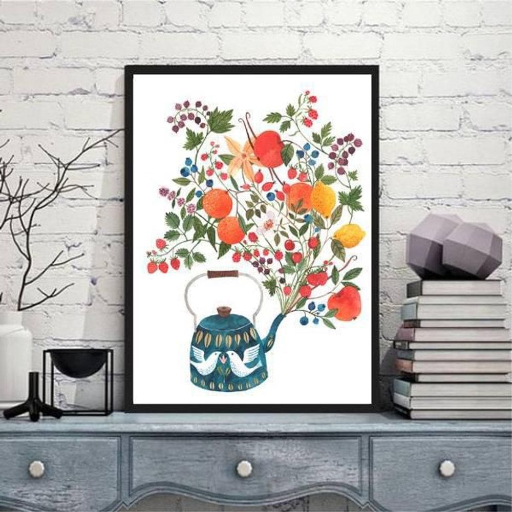 Quadro Decorativo Bule Com Flores 33X24Cm Moldura Preta