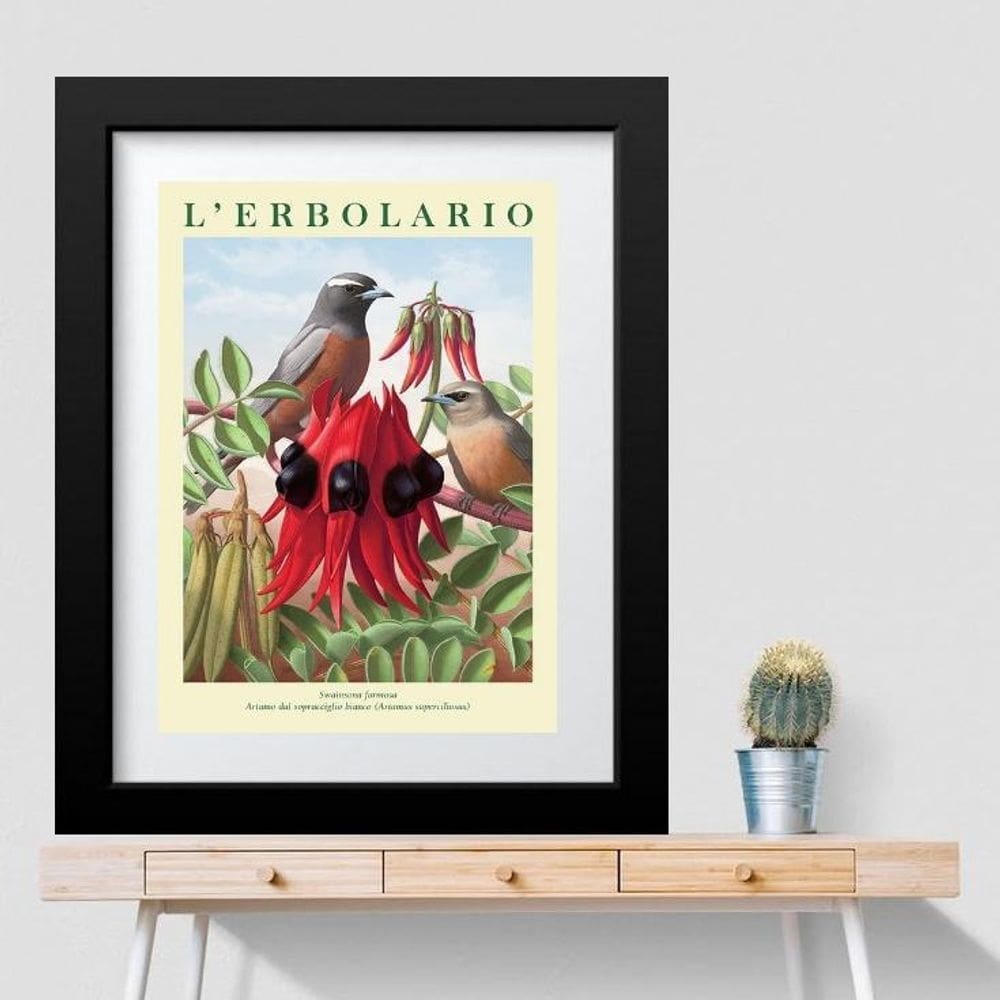 Quadro Passarinhos Com Flor Vermelha - 60X48Cm